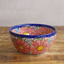 ポーランド食器 ポーリッシュポタリー ボウル 13cm 小どんぶり ピンク 水色 花柄 カラフル v071-a509