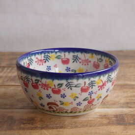 ポーランド食器 ポーリッシュポタリー ボウル 13cm 小どんぶり はりねずみ きのこ リンゴの実 森 葉っぱ 花柄 v071-u499 フルーツ柄 動物 アニマル柄 レトロポップ
