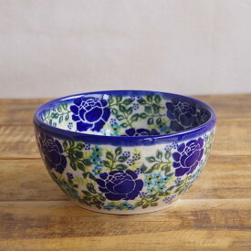 ポーランド食器 ポーリッシュポタリー ボウル 13cm 小どんぶり ネイビー ブルー 薔薇模様 花柄 ローズ v071-u624