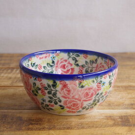 ポーランド食器 ポーリッシュポタリー ボウル 13cm 小どんぶり ピンク 薔薇 花柄 ローズ v071-u625