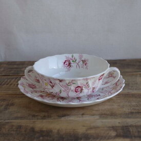 スポード 食器 スープボウル ソーサー ピンク 薔薇模様 花柄 ローズバッドチンツ Spode Rosebud Chintz #210807-2 【海外直輸入中古品】