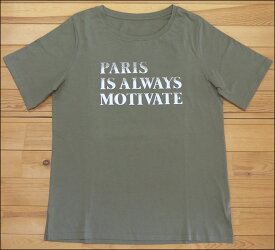 メール便 Pullffy プリントTシャツ カーキ PARIS オーガニックコットン Tシャツ プルオーバー 半袖 カットソー クルーネック ロゴ