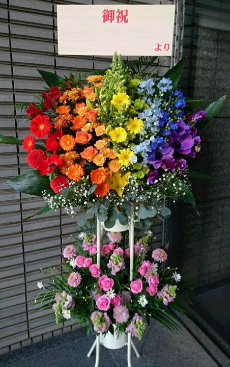 楽天市場 スタンド花 虹色スタンド花25 000円2段 送料無料 生花 虹色 レインボー レインボーカラー 七色 7色 スタンド花 25 000円 誕生日パーティ お祝い ギフト プレゼント 舞台 ライブ コンサート 講演会 開店 式典 祝賀会 Rainbow 目立つ 新宿 四谷 楽天