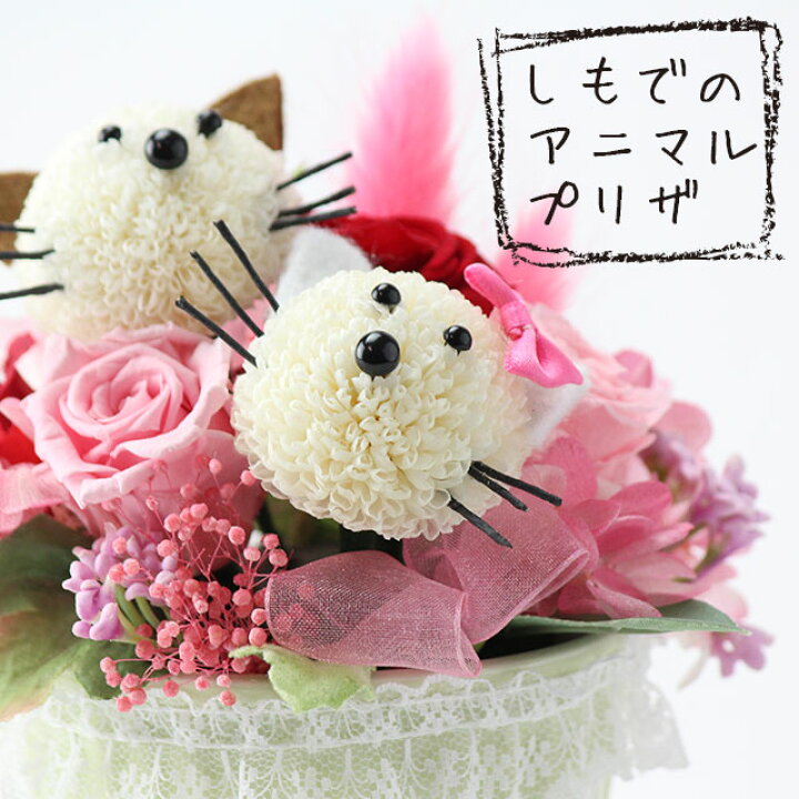 楽天市場 ネコちゃん 2匹 のプリザーブドフラワーアレンジメント 癒し 誕生日 記念日 お祝 プレゼント 結婚祝い 出産祝い 結婚記念日 退職 ギフト カーネーション お供え お盆 仏花 お悔み 供花 命日 枯れない仏花 猫 ネコ フラワーハウスしもで