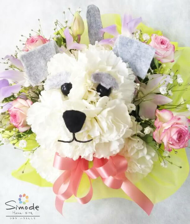 楽天市場 シュナウザーのアニマルフラワー アレンジメント生花 癒し 誕生日 記念日 お祝 プレゼント 結婚祝い 出産祝い 結婚記念日 退職 ギフト カーネーション お供え お盆 仏花 お悔み 供花 命日 犬 イヌ フラワーハウスしもで