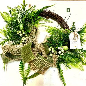 【送料無料】フラワーリース 光触媒加工 ギフト用 造花枯れない 玄関に トレイに  リビングに シルク ユーカリ グリーン リボンつき