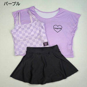 ANAP GIRL アナップガール 水着 ジュニア セパレート チェックタンキニ Tシャツ付き 3点セット 140cm 150cm 160cm パープル 女児 女の子 子供 セパレーツ Tシャツ タンクトップ スカート 送料無料