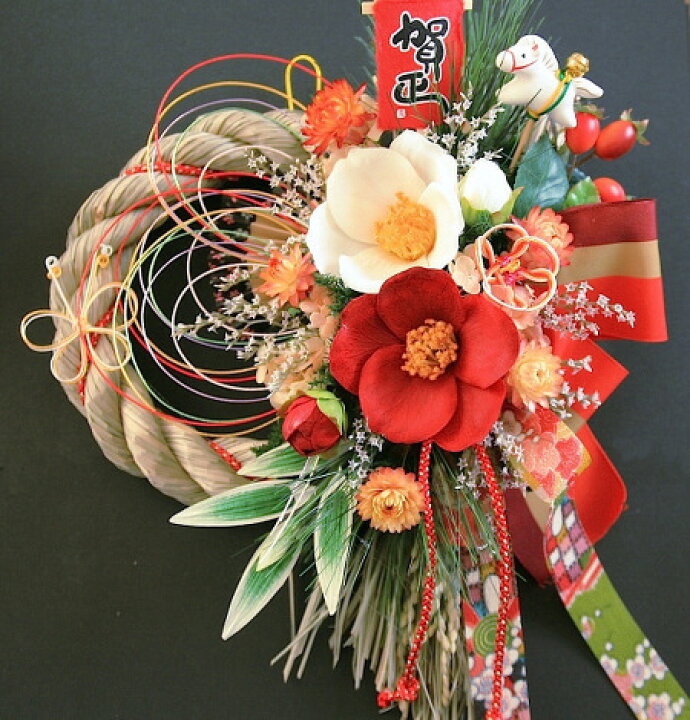 楽天市場】しめ縄リース【豪華 お楽しみ紅白椿しめ縄飾り】リース  