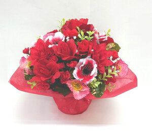 ラウンドアレンジ造花【レッド】花/母の日/フラワーギフト/結婚祝い/誕生日/退職祝い/歓迎/送迎/記念日/アレンジメント/還暦/お祝い/