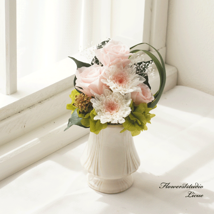 ❀専用　プリザーブドフラワー　お供え花　仏花　ことね菊　対　二基　ベルカップ 楽天市場】ことね菊とバラの仏花（ピンク） 花器に固定した