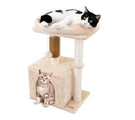 Hapineko（ハピネコ） キャットタワー ミニ 猫タワー 小型 低い 小さめ コンパクト セルフグルーマー 爪とぎ ポール2点 見おろし展望台 隠し部屋付き 高さ68CM (M,ベージュ)