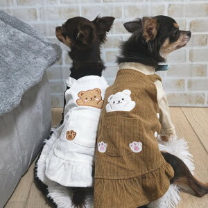 新商品 犬 犬服 犬の服 小型犬 ワンピース  薄手 コーデユロイ クマクマワッペンジャンパースカート