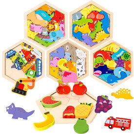 木製パズル 型はめパズル 形合わせ 豪華セット 六角形 はめ込み ブロック 積み木 積み上げ バランスゲーム 動物 乗り物 果物 恐竜 立体パズル 木のおもちゃ クリスマス プレゼント オモチャ【海外通販】
