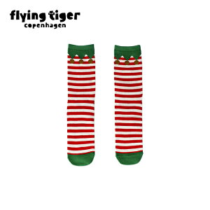 【フライングタイガー公式】ソックス ストライプ柄 36/38 約22〜23.5cm コットン製 31cm 赤白 グリーン縁取り クリスマス 靴下 冬用 可愛い おしゃれ 部屋履き ギフト プレゼント デンマーク