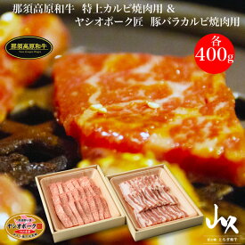 匠の店が厳選した逸品 那須高原和牛 特上カルビ&ヤシオポーク匠 豚バラカルビ 焼肉用 各400g 合計800g｜本州送料込 とちぎの2大ブランド肉の食べ比べ 焼肉パーティ BBQ お取り寄せ ギフト お歳暮 お中元 父の日 母の日 栃木県産品 矢板市 肉の山久 FN00E