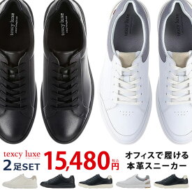 テクシーリュクス スニーカー メンズ 2足セット 本革 2E 歩きやすい 疲れない 滑らない 走れる 軽量 防滑 おしゃれ きれいめ 黒 白 アシックス商事 TU-7038 7039 コートスニーカー ビジネスシューズ 靴