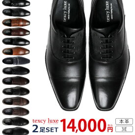 テクシーリュクス ビジネスシューズ 2足セット 本革 3E 幅広 甲高 歩きやすい 疲れない 滑らない 走れる 軽量 防滑 外羽根 内羽根 おしゃれ 革靴 黒 茶色 ブラック ブラウン アシックス メンズ フォーマルシューズ 紳士 靴