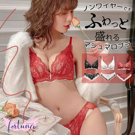 【4/27 AM10時迄 お買い物マラソン】ノンワイヤー ブラジャー 上下セット ノンワイヤーでもふわっと盛れる ナイトブラ マシュマロブラ 可愛い レース ブラセット ショーツ 脇高 Aカップ AAカップ 盛りブラ 下着 レディース 勝負下着 40代 30代 20代