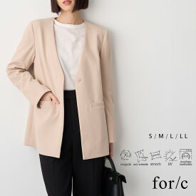 【最大70％OFFクーポン 11日9:59迄】Vネック ノーカラージャケット ジャケット セレモニースーツ 上着 羽織 UVカット セットアップ可能 レディース 長袖 フォーマル オフィス オケージョン スーツ 洗える ストレッチ エコ S M L LL 洗濯可 for/c フォーシー