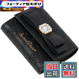 【送料無料】[SecretDoor] 三つ折り財布 ミニ財布 小さい カード ボックスコイン お札入れ ビジュー リボン パール 型押し 総柄 色：ブラック