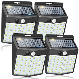 【3つ知能モード 4個】ソーラーライト 屋外 56LED センサーライト 人感センサー 屋外照明 太陽光発電 省エネ 防水 防犯 自動点灯 300°照明範囲 両面テープ付き 壁掛け/庭/柵/玄関/ガーデン/駐車場/地震/停電時適用 取り付け簡単 日