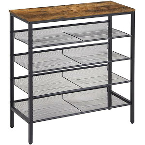 シューズラック 5段 メッシュ棚 靴棚 下駄箱 オープンラック 16足用 大容量 通気 木製天板 サイドテーブル 靴収納 靴置き 玄関テーブル W75.5×D30×H87cm 茶色 JPHTMJ083H