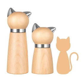 ペッパーミル 木製ソルト&ペッパーグラインダー 黄色い猫 2個セット 手動 胡椒ミル 岩塩ミル コショウ スパイス コンパクト
