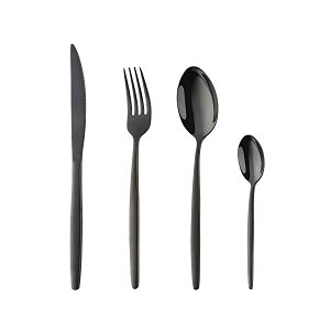 カトラリーセット ナイフ フォーク スプーン セット 黒色 ディナーナイフ ディナーフォーク ディナースプーン コーヒースプーン 4本 ステンレス製 鏡面仕上げ 一人暮らし 普段 来客用 (ブラ
