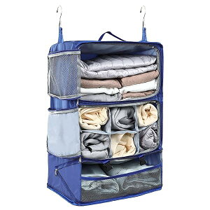 【送料無料】収納ボックス 吊り下げ インナーバッグ 衣類 つりさげ 収納 ラック 旅行 出張 持ち運べるクローゼット 省スペース 大容量 3段 衣装ケース オーガナイザー (Blue, XXL)