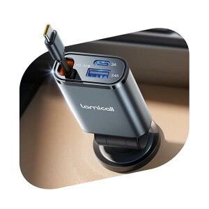 【送料無料】【2025超小型巻取り式】 シガーソケット 車 充電器:57W 急速 3in1 車載充電器 PD30W/PPS対応 12/24V車対応 3台同時可能 75cm Type-C ケーブル iPhone Air,17,17 Pro,17 Pro