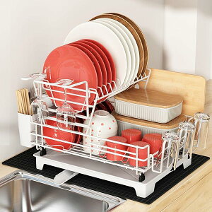 【送料無料】水切りラック シンク上 食器ラック 水切りカゴ 台所 包丁スタンド 箸立て 吸水マット付き 自動排水 自然乾燥可能 組み立て簡単 2段式「ホワイト」長さ40.7*幅33*高さ28CM