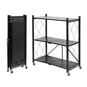 【送料無料】折り畳み メタルラック 折りたたみラック 3層 幅70CM 折りたたみ収納ラックメタルラック 折り畳み棚 360°キャスター付きで移動可能 設置不要 家庭用収納ラック キッチン 寝室 応
