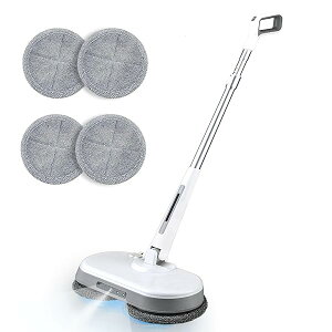 【送料無料】コードレス電動モップ、デュアルモーターパワフルスピンモップ2600mAh、フロアポリッシャー、1H充電式、LEDライト/ウォータースプレー付き、ハードウッド、タイル、180°回転