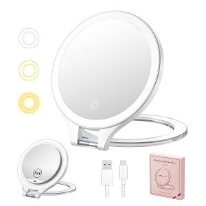【送料無料】LEDライト付きミラー LEDライト鏡 化粧鏡 手鏡タイプ 女優ミラー 折り畳み 卓上 壁掛け ハリウッドミラー メイク鏡 携行 省スペース 角度調節可能 拡大機能付き 3種類の色温度 輝