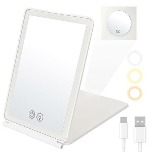 【送料無料】卓上鏡 化粧3光色切替 女優ミラー 手鏡 ledメイク 折りたたみ 拡大鏡 3倍 卓上ミラー タッチ式 無段階の明るさ調整 角度調整 収納ペ コンパクト
