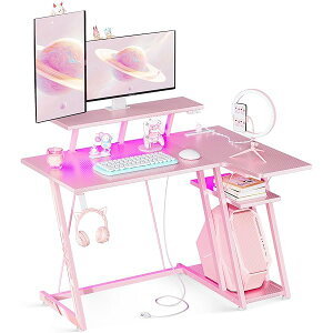 【送料無料】ゲーミングデスク LEDライト付き L字デスク PCデスク 炭素繊維天板 モニター台付き ゲーミングテーブル フック付き コンセント付き パソコンデスク ゲーミング机 幅100cm*奥行50cm*