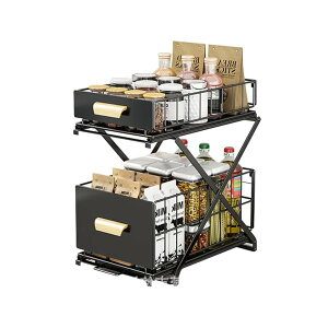 【送料無料】キッチン下収納 2段、スライド式収納ラック、シンク下 収納、幅26CM 奥行き40cm(ハンドル含む43.5cm)高さ32.5-43.5CM 設置不要の調味料 収納ラック多機能オイルボトル引き出し収納