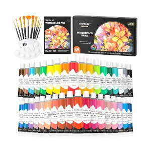 【送料無料】水彩絵の具 36色透明水彩 48点セット 筆10本 パレット 水彩紙付 12ml チューブ 大人の塗り絵 水彩画 お絵描き 美術 画材セット 学校用 幼稚園 初心者 専門家 プレゼント