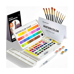 【送料無料】固形水彩 48色セット 固体水彩絵の具 ハーフパン ペイントブラシ10本 水筆ペン 水彩紙 パレット付き 透明 半乾き 溶けやすい 速乾 水彩画 大人の塗り絵 お絵描き 野外スケッチ用