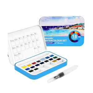【送料無料】旅行用水彩絵の具セット - 風景画用の色 18色 固形顔料 - ポータブル鉄の小箱装、スケッチ用の水彩絵のブラシペン付き 旅行向けの無毒顔料 - 絵画愛好家、初心者、アーティス