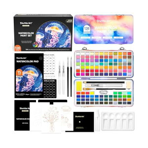 【送料無料】固形水彩 128色セット 固体水彩絵の具 ハーフパン ペイントブラシ 水筆ペン 水彩紙 パレット スケッチ鉛筆付き メタリック 透明 半乾き 溶けやすい 速乾 水彩画 大人の塗り絵 お