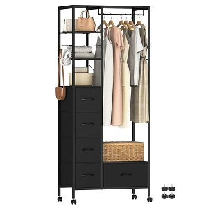 【送料無料】ハンガーラック ワードローブ 引き出し付き 大容量 頑丈 全体耐荷重200kg キャスター付き 棚板可動式 収納付き 洋服収納 パイプハンガー 洋服掛け 衣類 衣装 クローゼット サイ