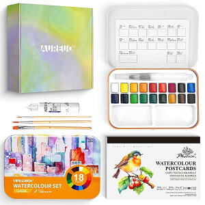 【送料無料】旅行用水彩絵の具セット 通用色 18色 固形顔料 - 小箱内パレット付き/ブラシ、水彩ポストカード、マスキングペン、トートバッグ付属 - 絵画愛好家、初心者、アーティスト向け