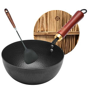 【送料無料】ミニ中華鍋 深型炒め鍋 深さ9cm 窒化鉄パン22cm 焦げつきにくい 窒化加工 表面凹凸 コーティングなし 中華鉄ヘラ 天然木製蓋セット IH対応 ガス火 高温調理 扱いやすい 少ない油