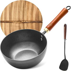 【送料無料】中華鍋ミニ 炒め鍋 深さ9cm 中華鉄ヘラ 鉄鍋 22cm 焦げつきにくい 窒化加工 表面凹凸 コーティングなし 天然木製蓋セット IH対応 ガス火 焼く 揚げる 煮る 高熱効率