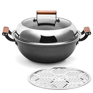 【送料無料】中華鍋 両手 32cm 蒸し器セット ガラス蓋付き 窒化鉄製 フライパン 鍋 炒め物 煮物 蒸し料理 焦げ付きにくい IH直火対応 健康調理