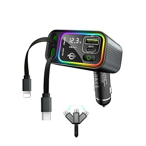 【送料無料】107W 車 充電器 4-in-1 シガーソケット 【巻き取り式・USB-C&Lightning 】4台同時に急速充電 カーチャージャー レインボー LEDライト搭載 iPhone 17 Pro/iPhone 17/16 Pro/iPho