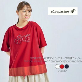 カットソー tシャツ 刺しゅう 5分袖 布帛切り替え 裾紐入り 大きいサイズ レディース 服 cloud nine クラウドナイン ncs1597m