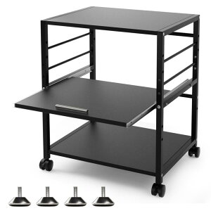 DEWEL プリンター台 ラック ワゴン 木製 3段 キャスター付き 中棚スライド式 カート 机下台 サイドワゴン 棚板高さ調節可能 プリンター収納 ブラック 高強度のメラミン加工 組立簡単 オフィ