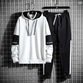 メンズ スーツ ニット 秋冬 セット フリース 素材 連帽 トップス 長袖 アウトドア 普段使い 九分丈 パンツ 修身 シルエット コットン 混紡 ポリエステル 軽量 吸湿速乾 伸縮性 ブラック ホワイト カジュアル スタイル 春秋 対応